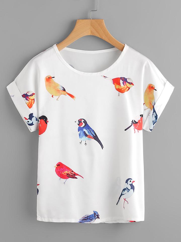 Shein Random Birds Print Cuffed T-shirt
