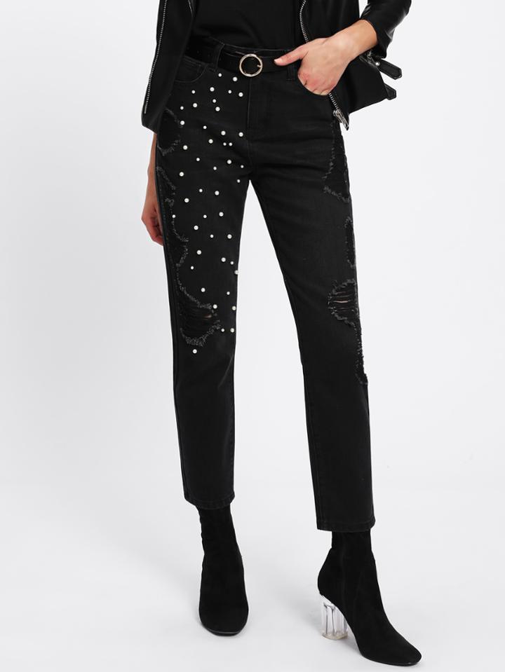 Shein Pearl Beading Shredded Jeans