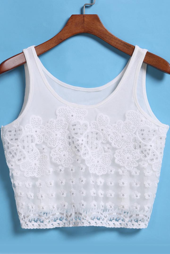 Shein White Sequined Mesh Crop Tank Top