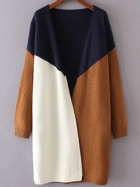 Shein Navy Color Block Collarless Drop Shoulder Cardigan