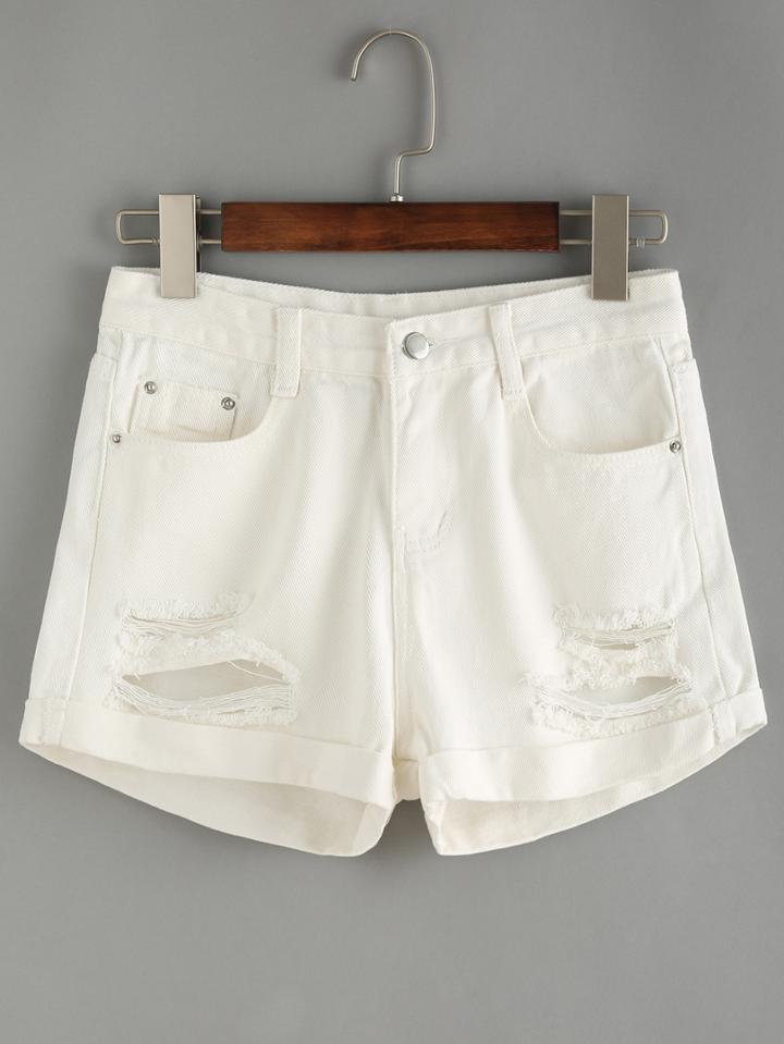Shein Ripped Rolled Hem White Denim Shorts