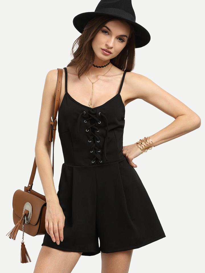 Shein Black Lace-up Wide Leg Cami Romper