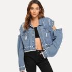 Shein Open Shoulder Faux Pearl Beading Denim Jacket