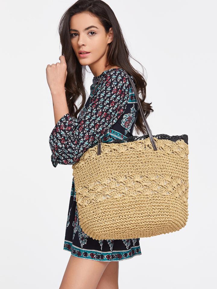 Shein Contrast Trim Straw Beach Bag