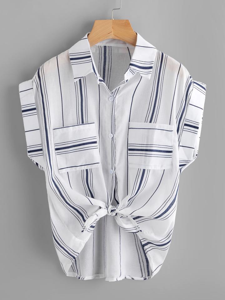 Shein Knotted Hem Cuffed Striped Shirt