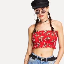 Shein Calico Print Shirred Frill Crop Bandeau Top