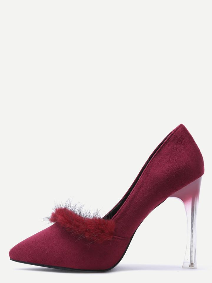 Shein Burgundy Fur Trim Suede Sheer Heeled Pumps