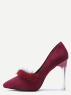 Shein Burgundy Fur Trim Suede Sheer Heeled Pumps