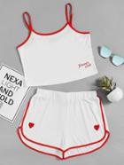Shein Contrast Binding Cami And Heart Patch Dolphin Shorts Set