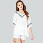 Shein Graphic Embroidered Tie Neck Top