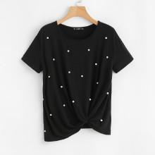 Shein Pearl Embellished Twist Front Tee