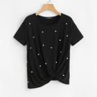 Shein Pearl Embellished Twist Front Tee