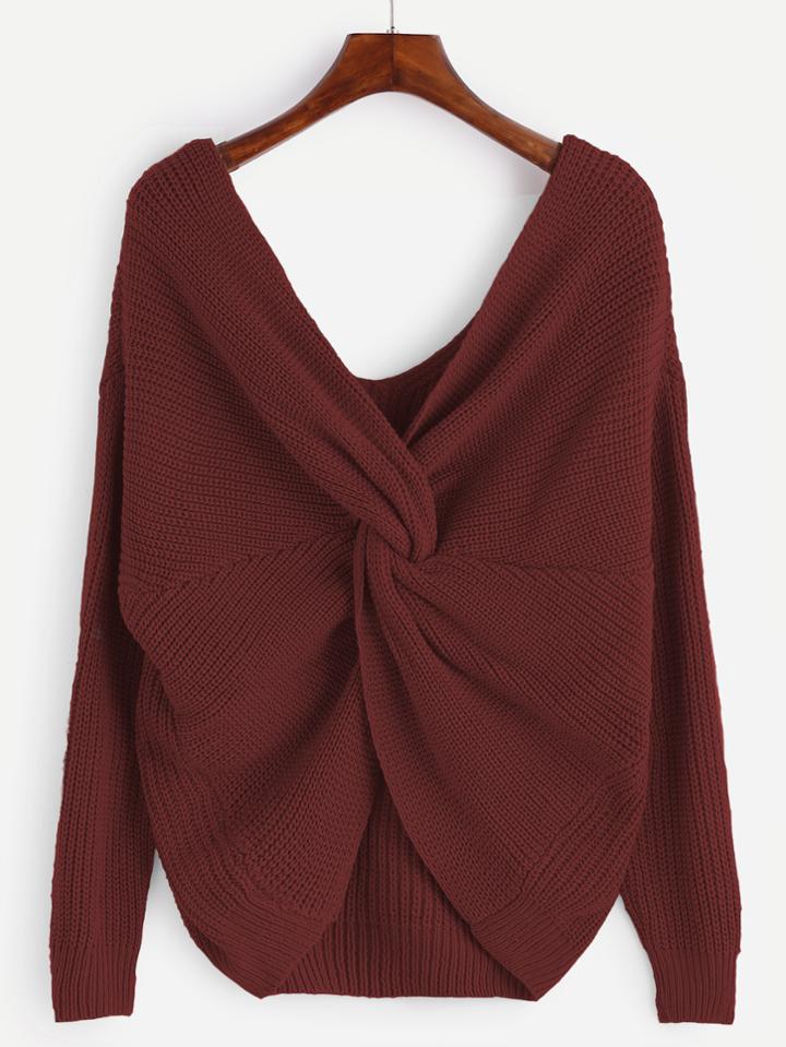 Shein Brick Red Double V Neck Knot Sweater