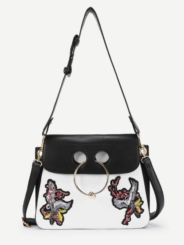 Shein Cranes Embroidered Two Tone Shoulder Bag