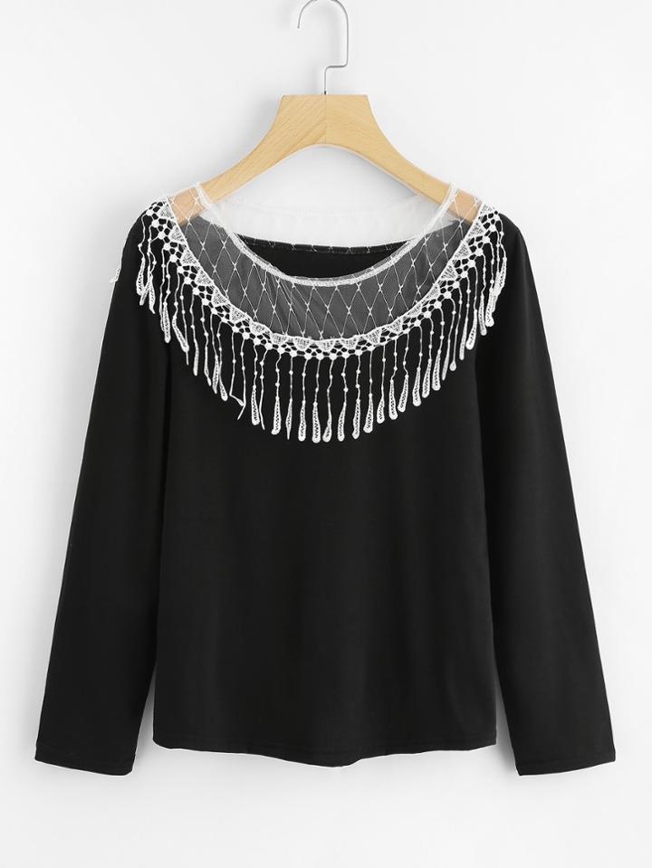 Shein Contrast Mesh Fringe Detail Tee