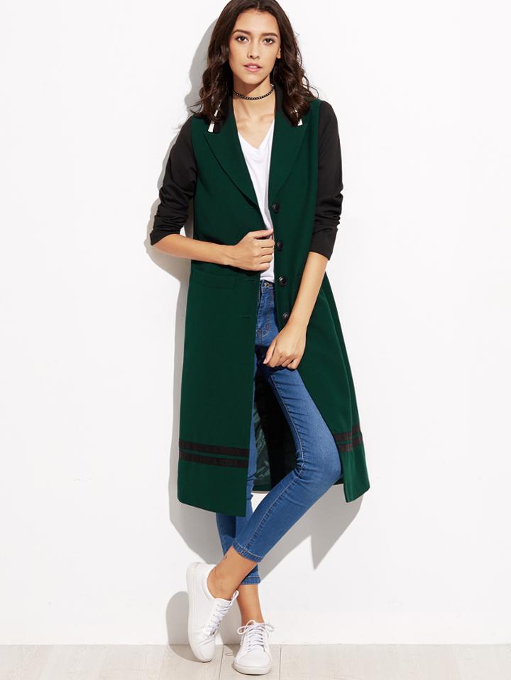 Shein Green Contrast Sleeve Varsity Striped Detail Long Coat