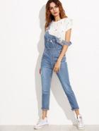 Shein Pale Blue Strap Ripped Overall Jeans With Pocket