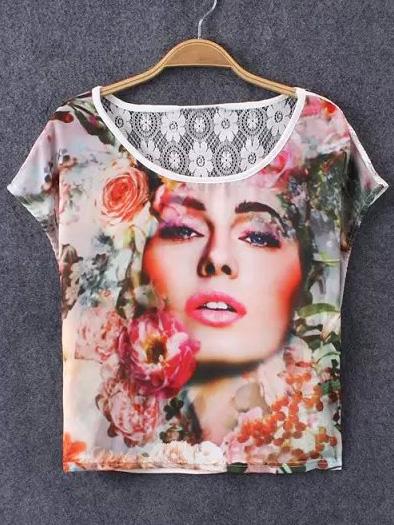 Shein Multicolor Lace Splicing Beauty Print T-shirt