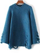 Shein Blue Crew Neck Raglan Sleeve Ripped Sweater