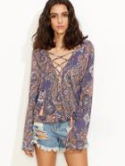 Shein Multicolor Vintage Print Lace Up Long Sleeve Blouse