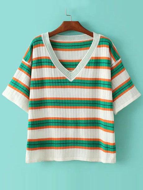 Shein Green Stripe V Neck Half Sleeve Ribbed Knit Sweater