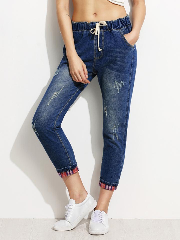 Shein Gingham Rolled Hem Drawstring Jeans