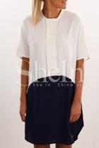 Shein White Navy Contrast Split Sleeve Shirt Dress
