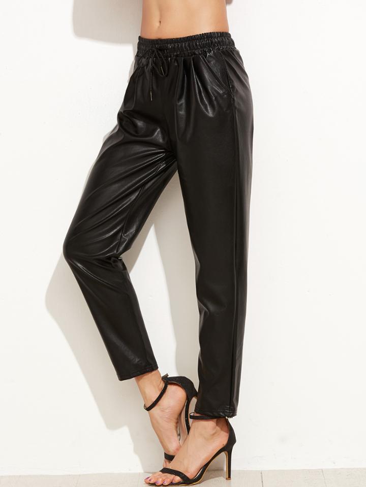 Shein Black Faux Leather Drawstring Pants
