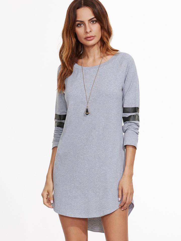 Shein Heather Grey Striped Sleeve Curved Hem High Low Dress