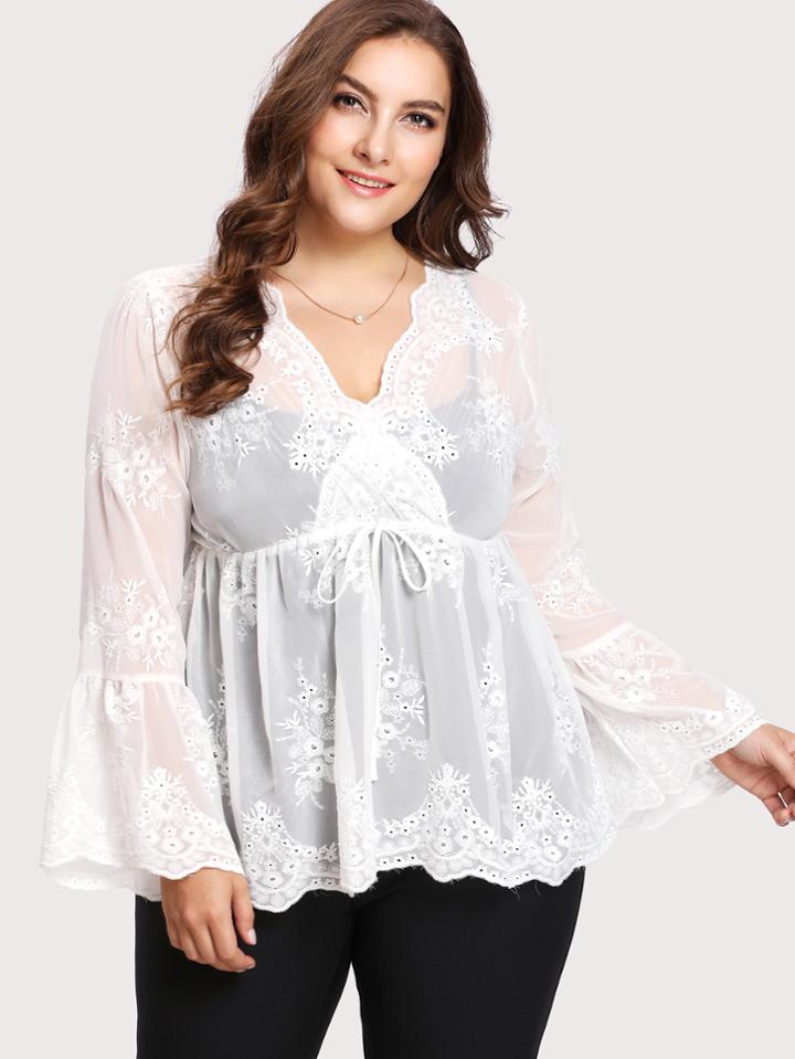 Shein Eyelet Embroidered Drawstring Wrap Top