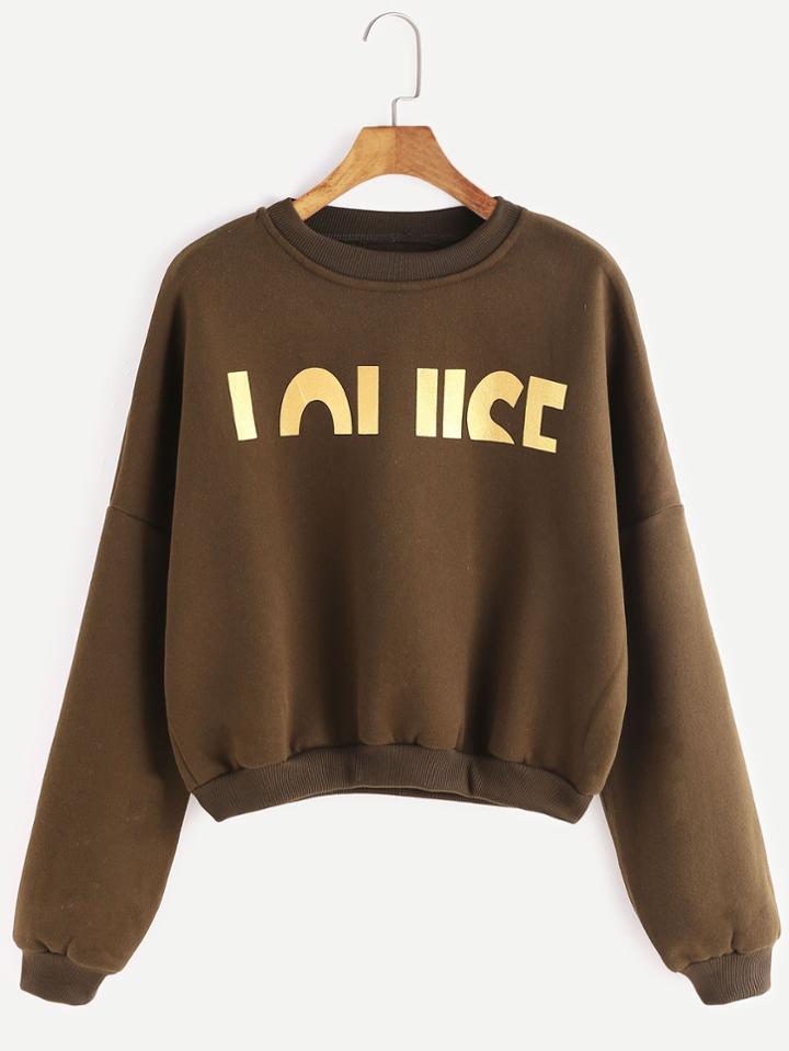 Shein Army Green Ribbed Trim Drop Shoulder Letter Print Sweatshirt
