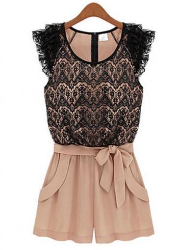 Rosewe Black And Pink Color Blocking Lace Mini Rompers