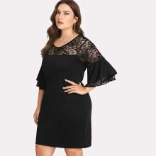 Shein Plus Lace Yoke Trumpet Sleeve Dress