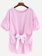 Shein Pink Striped Puff Sleeve Tie Front High Low Blouse