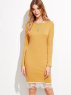 Shein Mustard Lace Trim Long Sleeve Sheath Dress