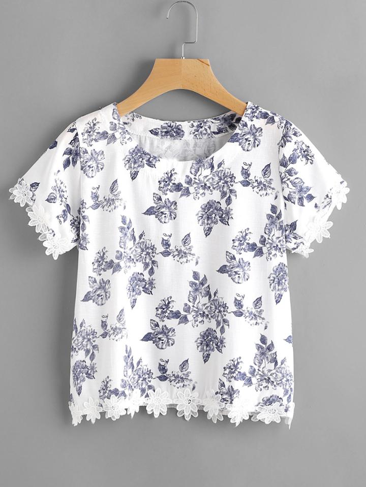 Shein Ditsy Print Floral Lace Hem Blouse