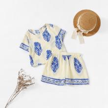 Shein Girls Zipper Back Leaves Print Top & Shorts Set