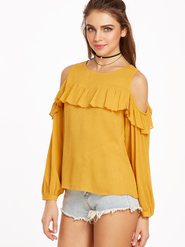 Shein Cold Shoulder Ruffle Trim Buttoned Cuff Crinkle Top
