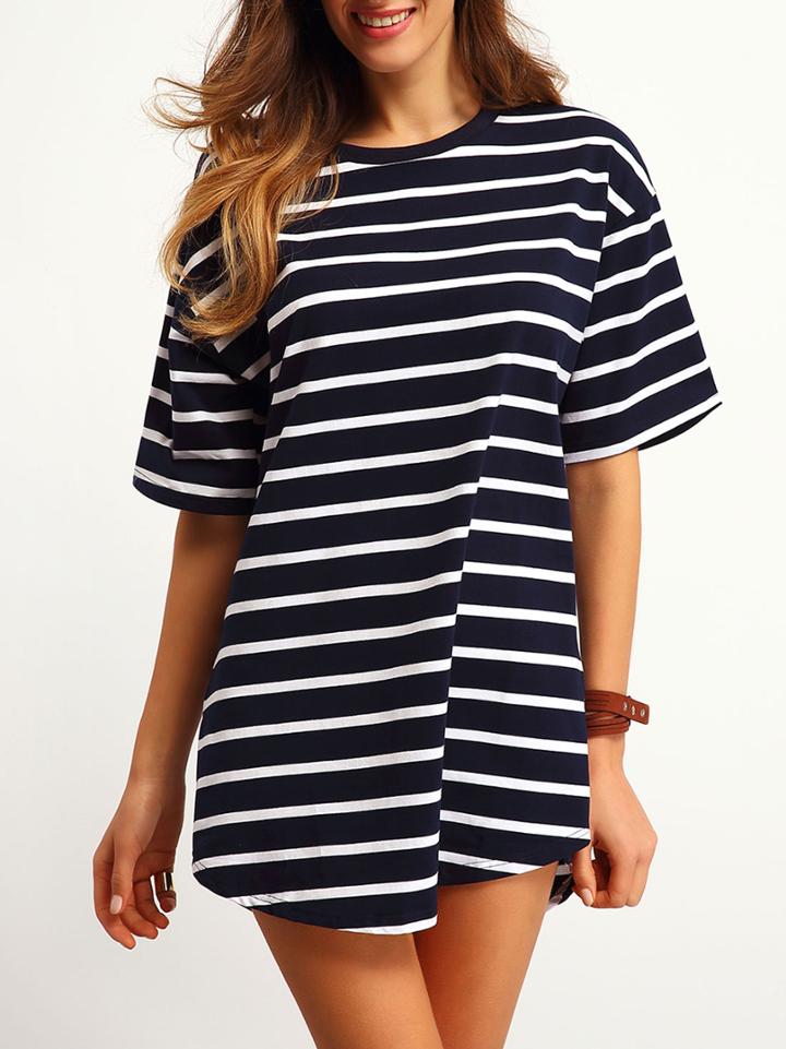 Shein Navy White Crew Neck Striped Tee Dress