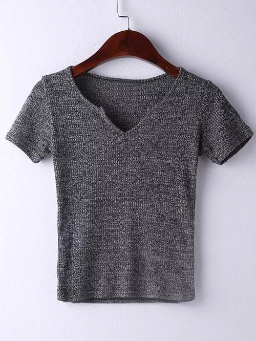 Shein Grey Short Sleeve V Neck Ribbed T-shirt