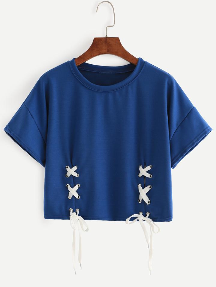 Shein Blue Dropped Shoulder Seam Lace Up T-shirt