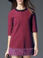 Shein Wine Red Round Neck Length Sleeve Contrast Plush Dress