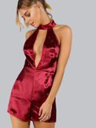 Shein Burgundy Plunge Halter Neck Strappy Back Romper
