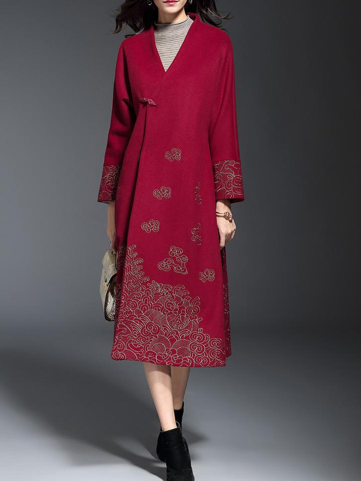 Shein Burgundy V Neck Embroidered Long Coat