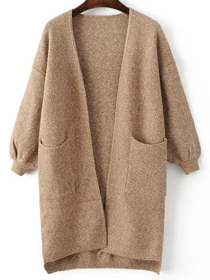 Shein Khaki Lantern Sleeve Long Cardigan With Pockets