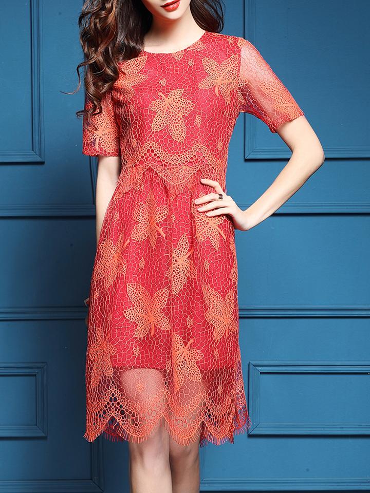 Shein Red Sheer Crochet Hollow A-line Dress