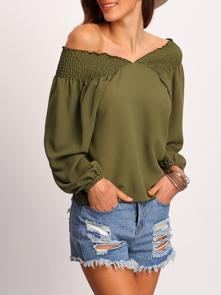 Shein Army Green Off The Shoulder Crop Blouse