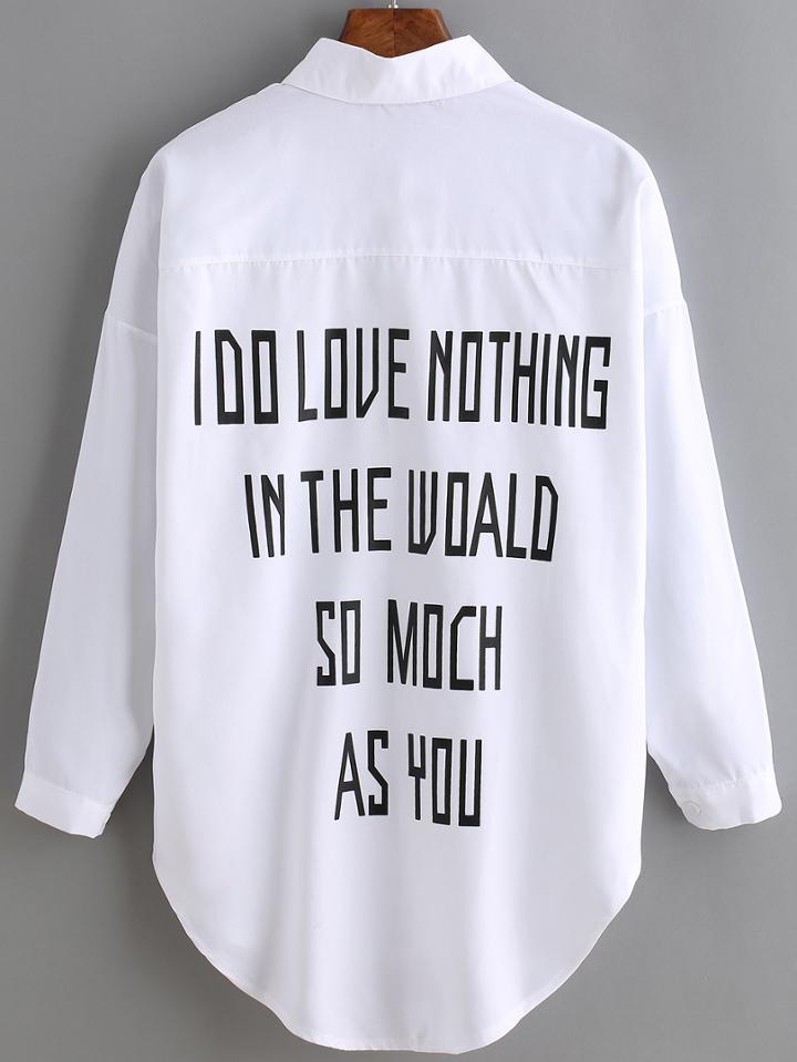 Shein White Lapel Letters Print Pocket Blouse