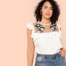 Shein Plus Floral Embroidered Applique Mesh Yoke Top