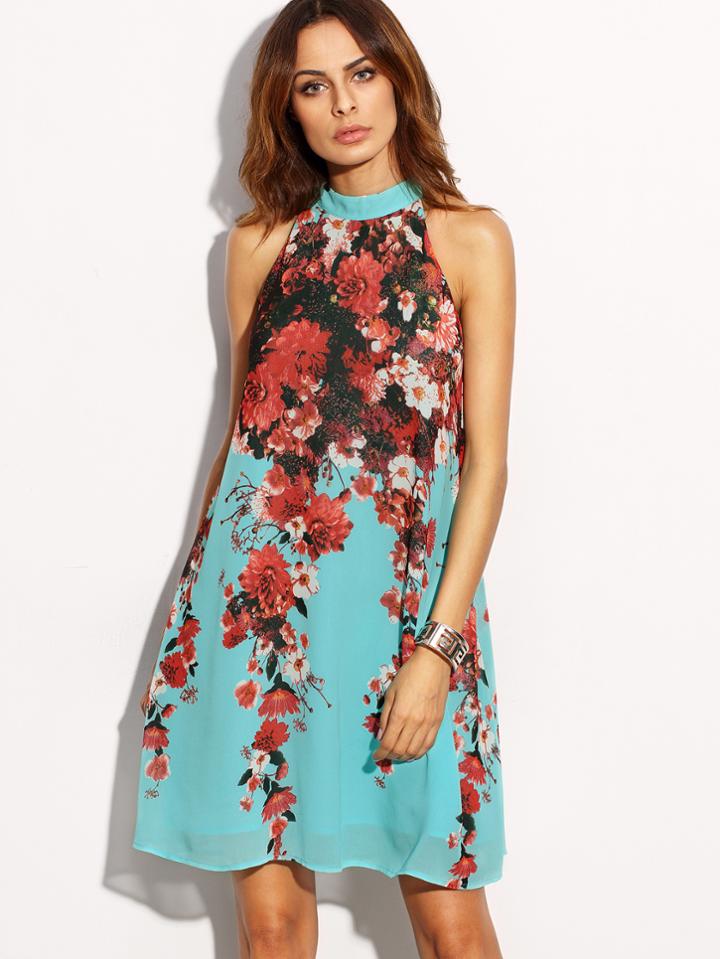 Shein Floral Print Monk Neck Sleeveless Shift Dress